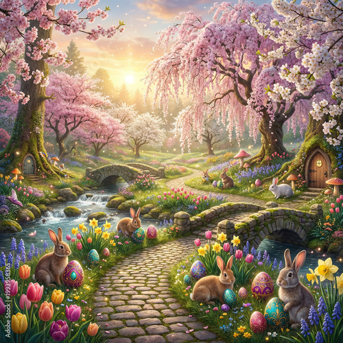 Magical Easter Spring Landscape with Blossoming Tree, Enchanted Holiday Nature Photography