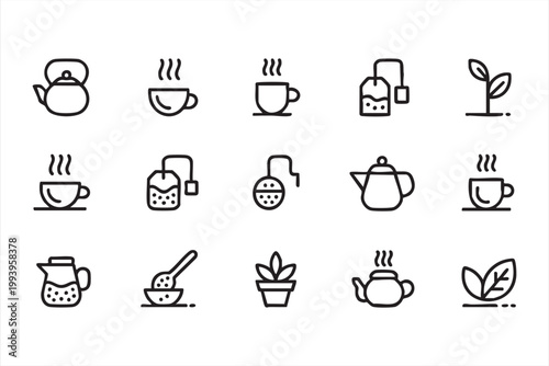 Hot drink and beverage icon set, tea, coffee, herbal infusion symbols for interface design