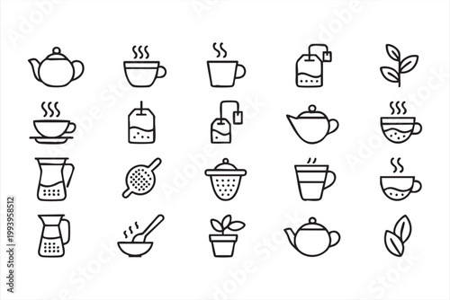 Tea coffee and drink icons, hot beverage, herbal infusion symbols for applications