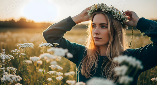 Ethereal portrait of a girl touching her floral headband while standing in a field of wild white flowers