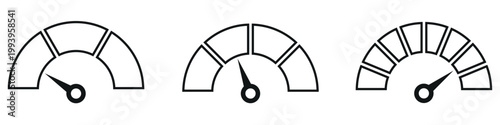 Minimalist black outline gauge icons set displaying various performance levels and progress indicators