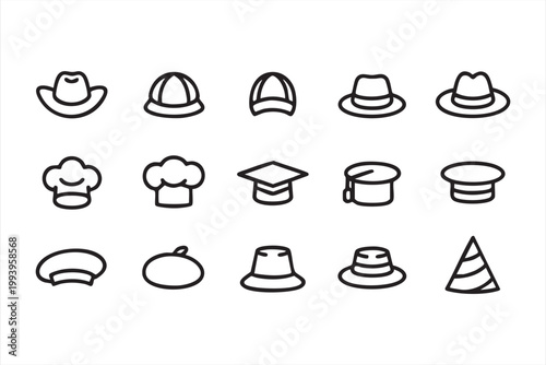 Chef hat and graduation cap icons, headwear, fashion symbols for UI systems