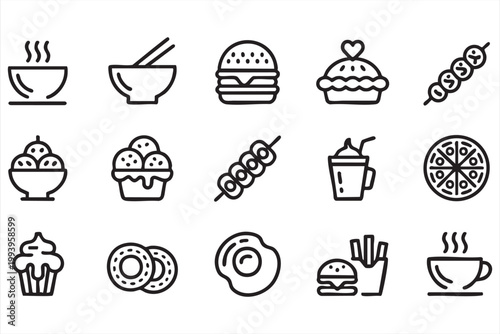 Fast food and dessert icons, snack, meal, beverage, street food menu symbols for web and app UI