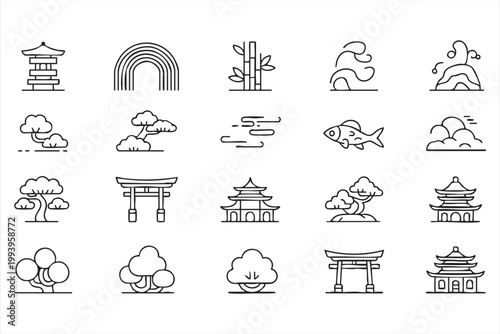 Japanese culture and landscape icons, temple, zen garden, nature symbols for web and app UI
