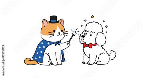 Cartoon cat and dog magic trick.