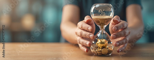 Human hands protecting hourglass with golden piggy bank inside, representing long term investment and time value of money.