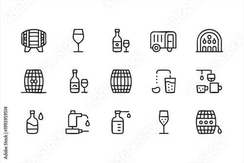 Wine bottle and glass icons, barrel, winery symbols for digital interfaces