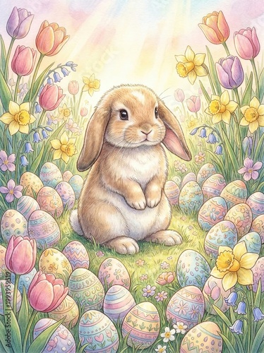 Watercolor Easter Bunny in Colorful Flower Field, Spring Holiday Magical Illustration
