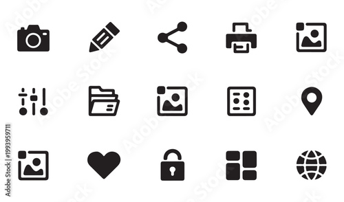 Set of 15 social media web icons, creative symbol collection. internet, multimedia and photography elements.