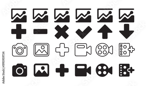 Universal vector icons set. graph, plus, minus, cross, check, arrow, camera, picture, video, filmstrip symbols.