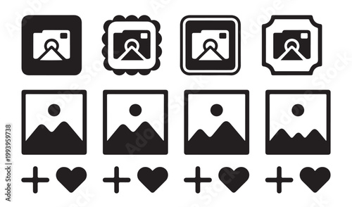 Creative camera, image, and heart icons set. diverse styles for photography and favorites concepts.