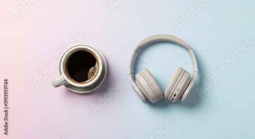 Top view flat lay of coffee cup and headphones on pastel background, clean layout, balanced composition, modern and minimal lifestyle concept.
