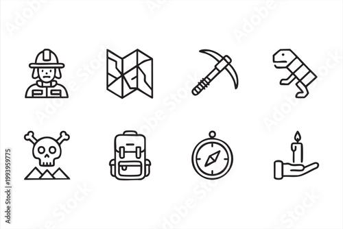 Outline exploration icons set including hiking gear navigation tools and expedition elements for travel projects