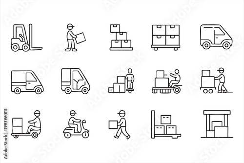 Logistics Icon Pack, Parcel Delivery, Supply Chain, Transport and Warehouse Equipment