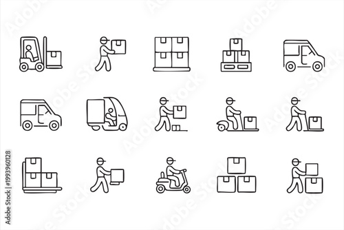 Courier and Delivery Icons, Shipping Boxes, Vans, Forklift and Distribution Symbols