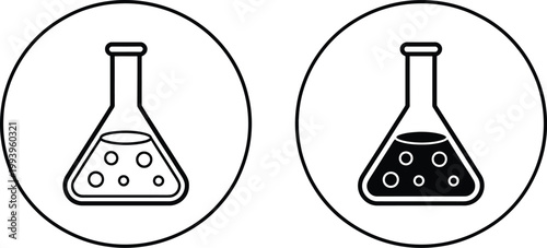 Chemical reaction flask, illustration, laboratory comparison of liquid states before and after chemical change showing scientific experiment and analysis process.