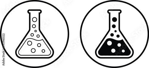 Chemical reaction flask, illustration, comparison of liquid states before and after reaction in laboratory glassware representing science experiment and transformation concept.