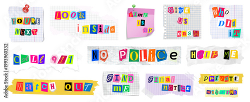 Ransom Note Clippings on Torn Paper Scraps: You're Next, No Police, Help Me, and Criminal Messages Set