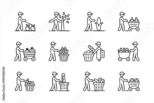 Farmer Harvest Icons, Agriculture Work, Fruit and Vegetable Picking Set