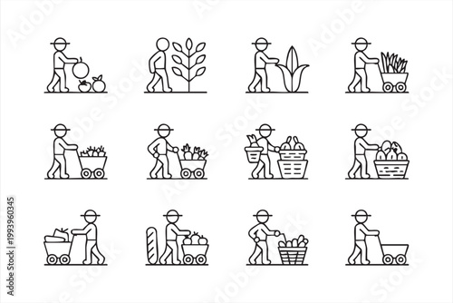 Agriculture Harvest Icons, Farming Activities, Crop Picking and Rural Work
