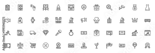 Auction icon set. Vector illustration pack featuring bid, money, gavel, handshake, crown, trophy, art and more. Editable stroke line icons.