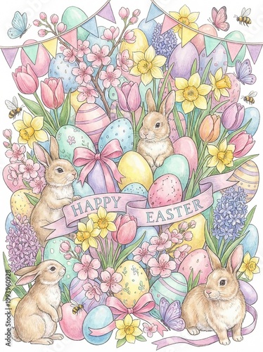 Happy Easter Floral Watercolor Illustration, Spring Holiday Greeting Card Design Vector
