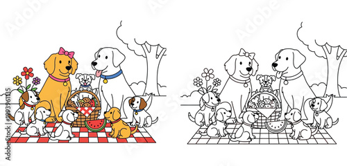 Happy Dog Family with Puppies Having a Picnic in the Park, Coloring Page and Color Vector Illustration Set for Kids Activity