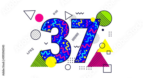 Vibrant Memphis style design featuring the number 37 surrounded by colorful geometric shapes and abstract patterns on a clean white background.