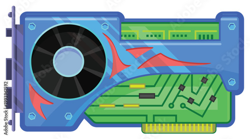 Video card color realistic icon. GPU rendering. Abstract computer graphics card, side view. Vector illustration