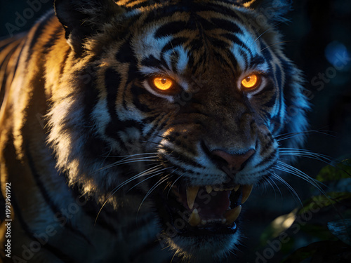 Cinematic tiger glowing eyes in dark powerful dramatic scene