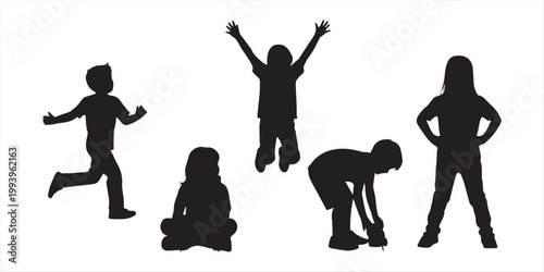 Jumping children silhouette set, playful kids vector, black flat icons, joyful movement, editable CAD drawing flat vector illustration