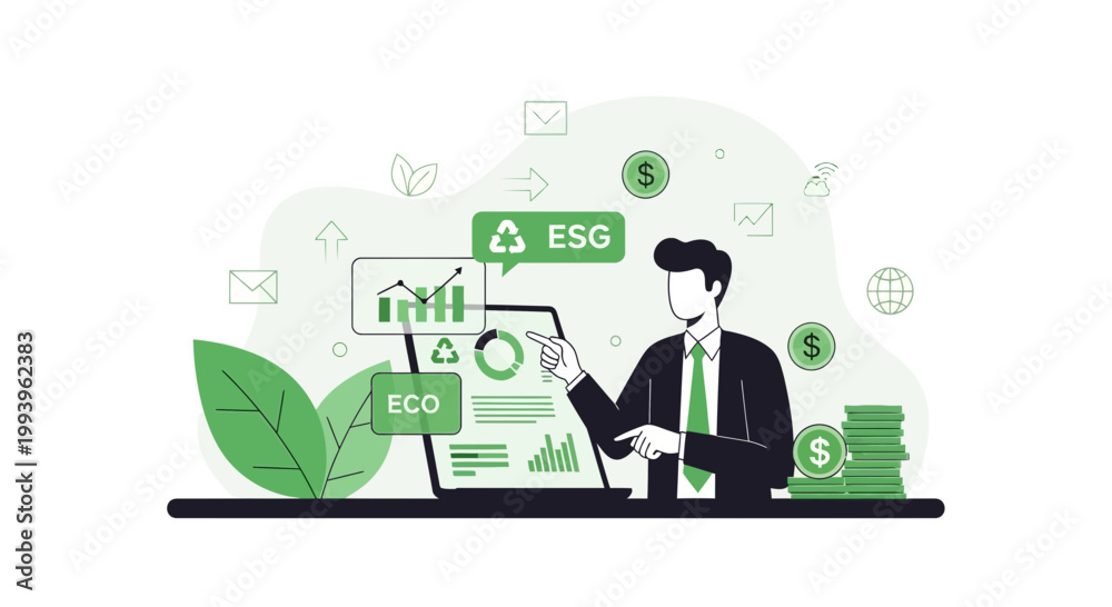 Fototapeta premium Businessman analyzing ESG and ECO data on laptop, sustainable business growth concept