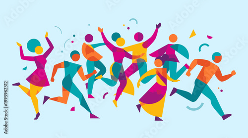 Diverse People Dancing and Running in Abstract Colorful Celebratory Style