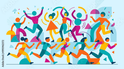 Diverse Group Running a Vibrant Active Lifestyle Competition with Colorful Abstract Shapes