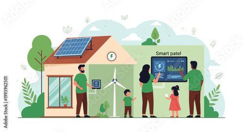 Family enjoys smart home powered by renewable energy: solar panels and wind turbine