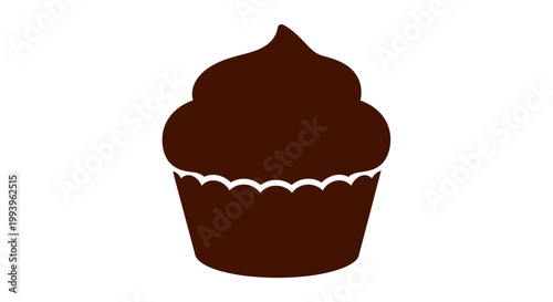 A chocolate cupcake with white frosting detail on a plain background