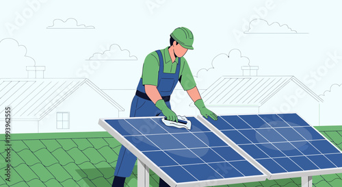 Man cleaning solar panels on a sunny day, renewable energy concept