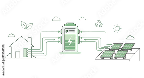 Home solar power system with battery storage and panels, eco-friendly energy concept