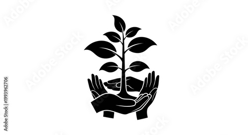 A black and white illustration of hands nurturing a growing plant