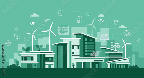 Smart City Green Energy Technology Future Eco-Friendly Buildings Wind Turbines Solar Panels