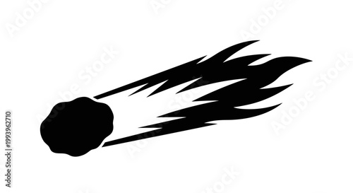 A black silhouette of a meteor or comet streaking across a white background