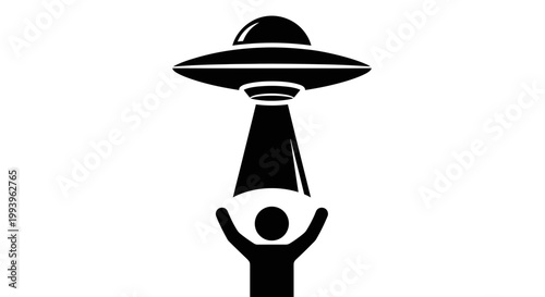 A black and white illustration of a person being abducted by a UFO