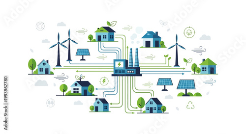 Smart Grid Energy Distribution: Houses Connected to Renewable Power Plant with Wind Turbines and Solar Panels