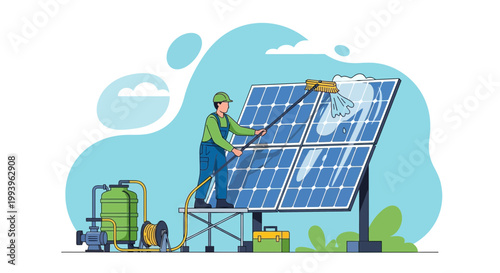 Solar panel cleaning service, renewable energy maintenance, worker with brush and equipment