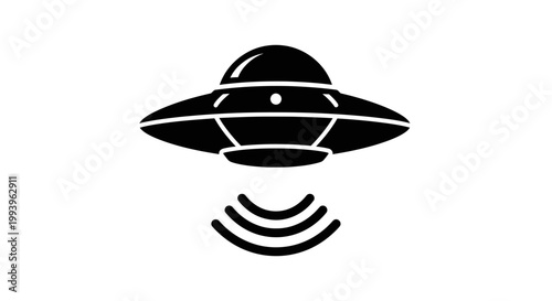 A black and white illustration of a UFO with a signal emanating from it