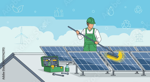 Solar panel cleaning worker maintenance, renewable energy, green technology, eco-friendly service