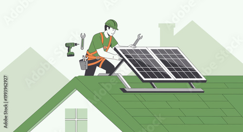 Solar panel installation on house roof by technician with tools, renewable energy concept