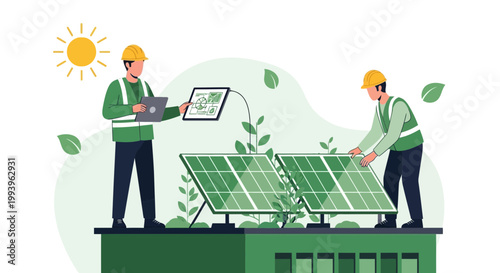 Solar panel installation: engineers in hard hats working with renewable energy technology