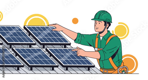Solar panel installation: worker in safety gear on rooftop installing renewable energy panels
