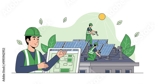 Solar panel installation: technicians working on rooftop, engineer with tablet, clean energy concept